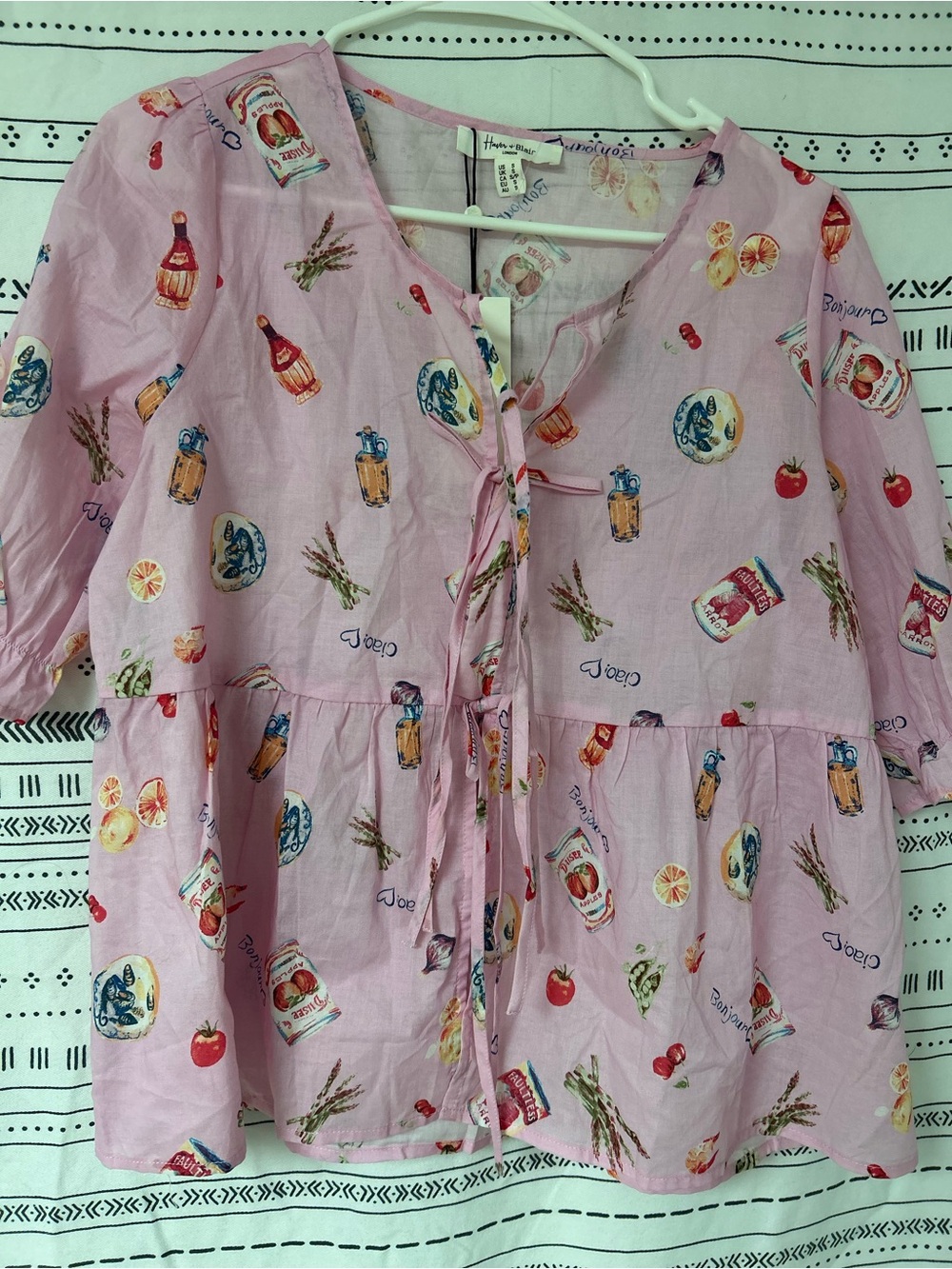 Haver & Blair Feminine Italian Ciao fruit Pink Tie-Front Peplum Top Cotton New